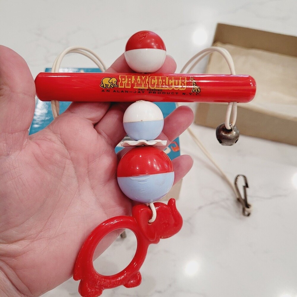 Bakelite Rattle Elephant Toy Crib Pram Circus Alan Jay Plastics Red Blue Vintage